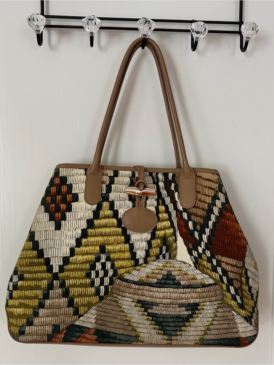Longchamp Handbags - *RARE* Vintage Longchamp Woven Geometric Tote in Tan, Olive & Cream